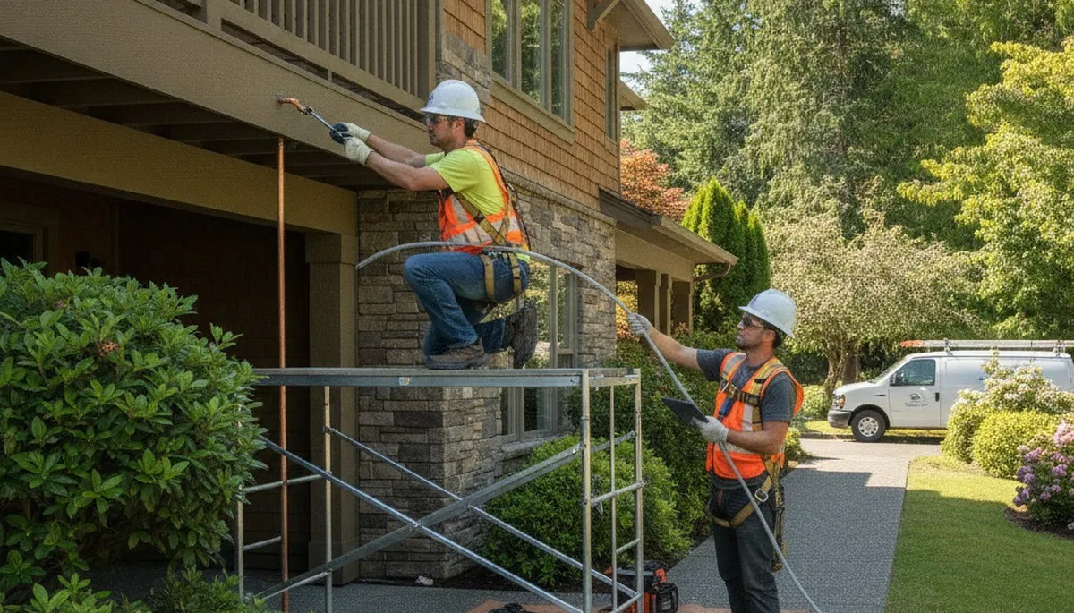 Seattle, WA plumbing repair technician servicing a residential pipe leak with professional tools