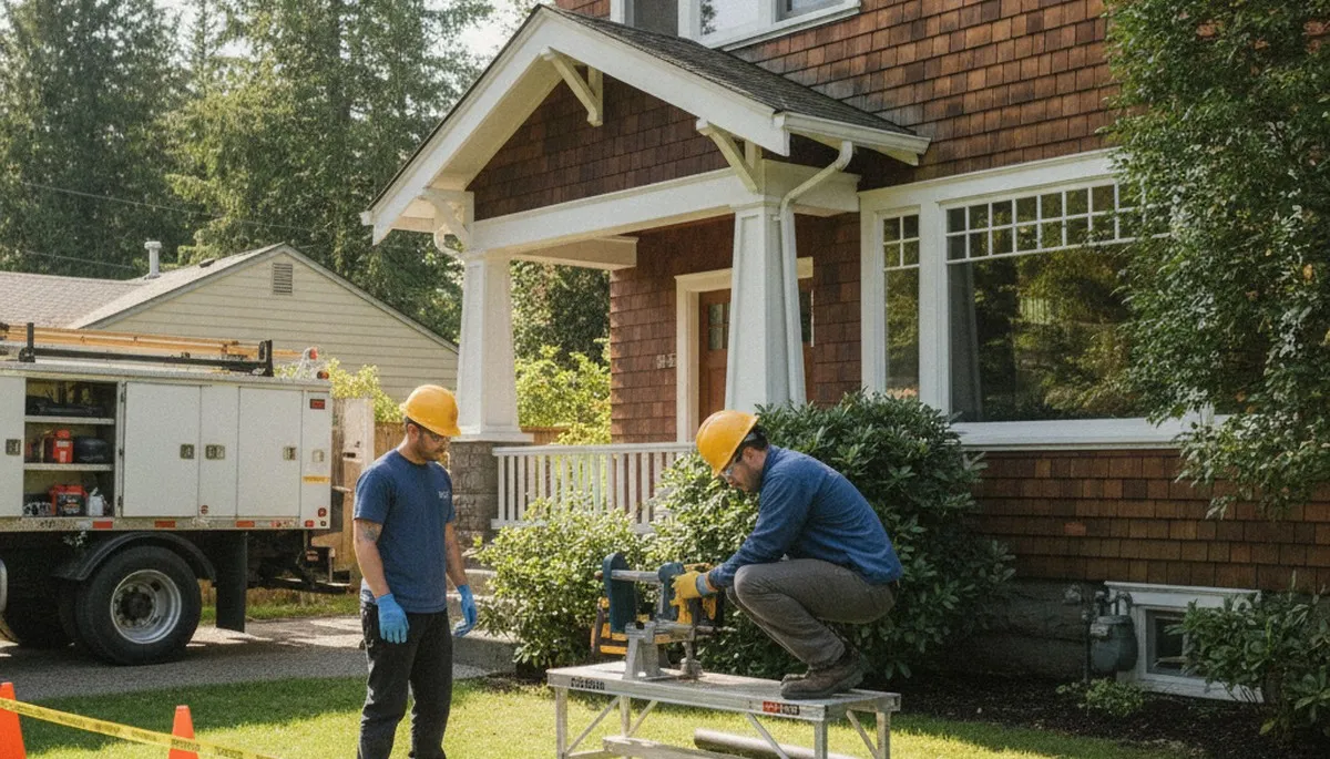 Seattle, WA plumbing repair technician servicing pipes for a local home repair job