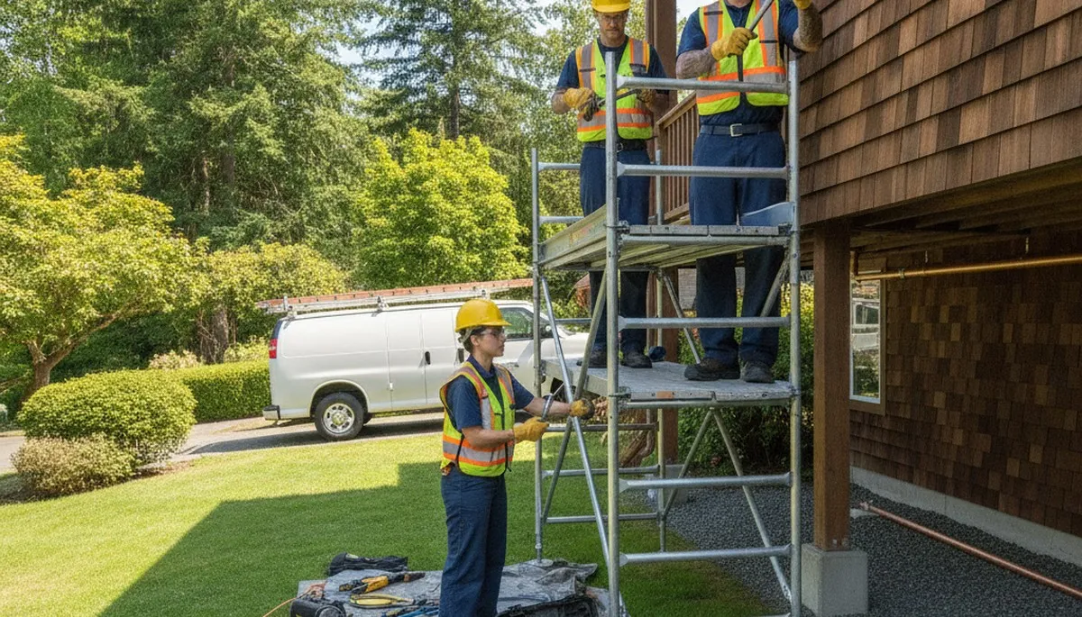 Seattle, WA plumbing repair service truck with professional technicians on a job site